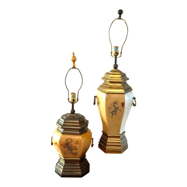 1970s Chapman Manufacturing Vintage Leather and Brass Table Lamps & Lamp Shade - a Pair For Sale