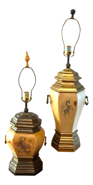 1970s Chapman Manufacturing Vintage Leather and Brass Table Lamps & Lamp Shade - a Pair