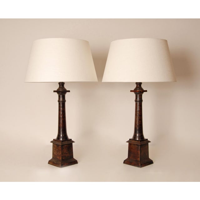 French Vintage French Traditional Tablelamps Empire Style Cast Iron Bronze Beige Linen Shade - A Pair For Sale - Image 3 of 11