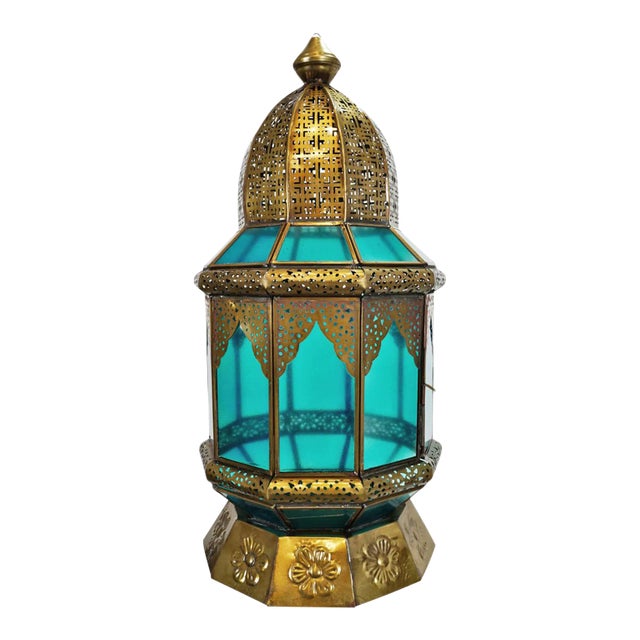 Vintage Moorish Indian Brass & Turquoise Glass Pendant Light For Sale