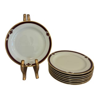 Vintage Pickard Fine China Bread Plates, Set of 8, Burgundy & Gold Fan Accent For Sale