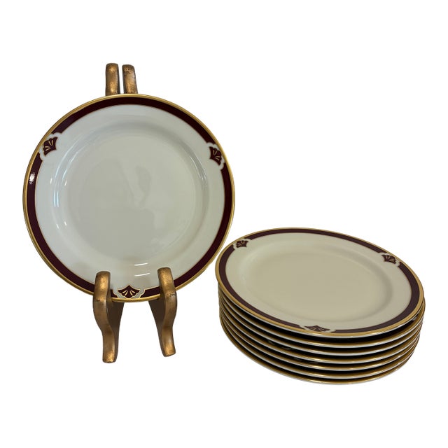 Vintage Pickard Fine China Bread Plates, Set of 8, Burgundy & Gold Fan Accent For Sale