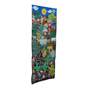 Colombian Arpillera Folk Art Village Farm Animal Scene Textile Tapestry 28"