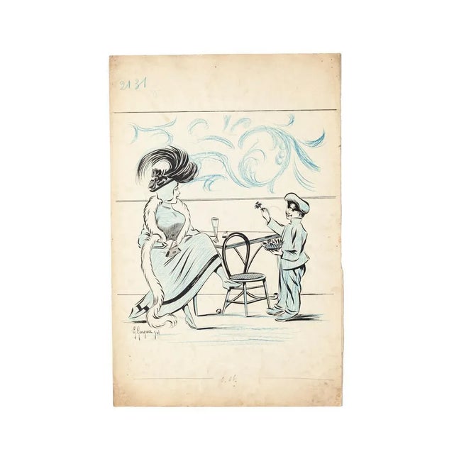 Cafe is an original drawing in China ink and pastel on paper realized by G. Garguer. Hand-signed on the lower left. The...