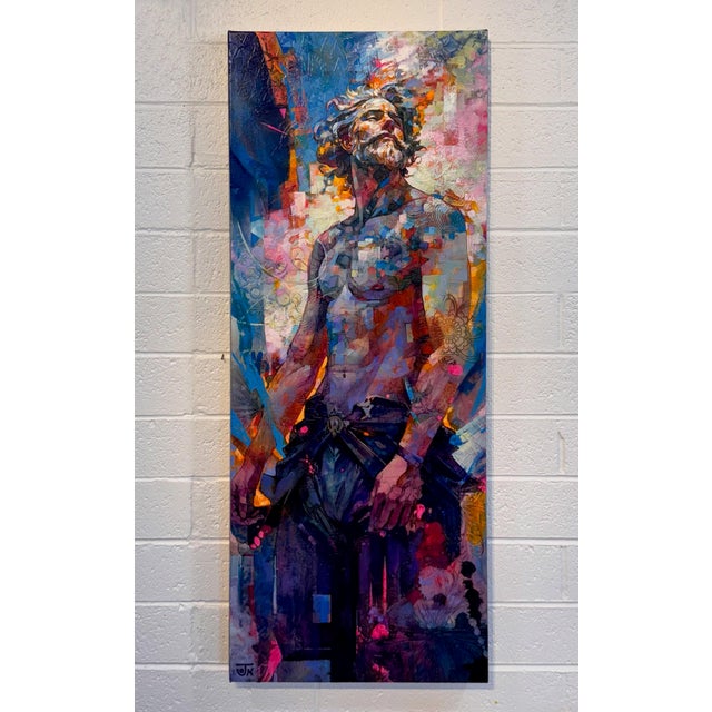 This mixed media piece presents a figure in a moment of introspection, with vibrant colors and dynamic brushwork that...