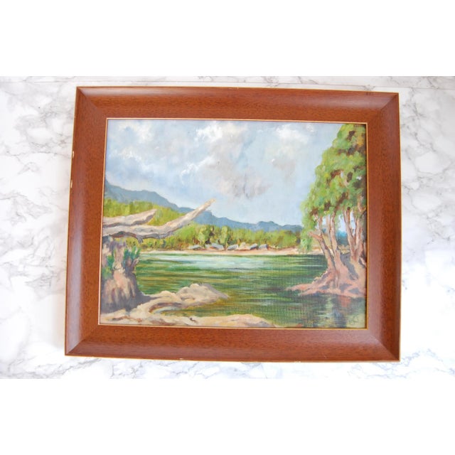 Mid Century Lakeside Landscape Painting Original Oil on Canvas Signed For Sale - Image 9 of 10