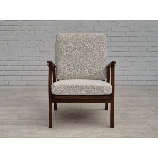 Brown Danish Armchair in White Furniture Fabric & Beech, 1960s For Sale - Image 8 of 18