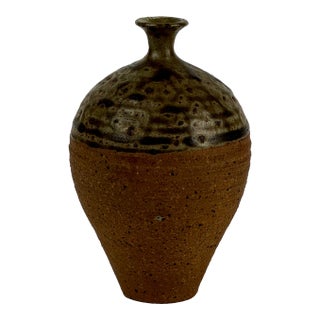 1970s Small Vintage Round Studio Pottery Bud Vase in Amphora Design, Signed Troy For Sale