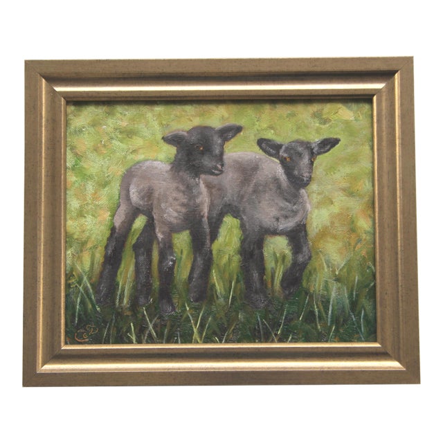 Sheep Lamb Landscape Beige Black Green Traditional English Impressionist Portrait Original Painting by Cleo Plowden For Sale
