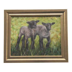 Sheep Lamb Landscape Beige Black Green Traditional English Impressionist Portrait Original Painting by Cleo Plowden