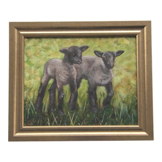 Sheep Lamb Landscape Beige Black Green Traditional English Impressionist Portrait Original Painting Cleo Plowden For Sale