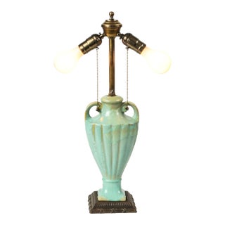 Antique Celadon Glazed Ceramic Urn Lamp With Bronze Base For Sale