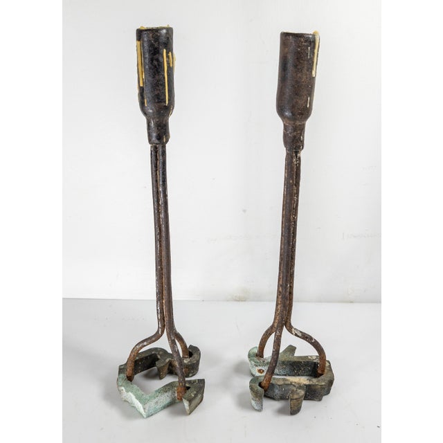 Mid-Century Pair of Brutalist Wrought Iron Blacksmith Cattle Brand Candlesticks For Sale In New York - Image 6 of 9