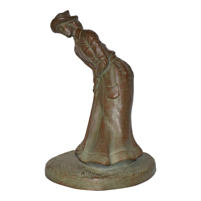 Vintage Mid 20th Century Lady Golfer Statue Patinated Bronze Over Stone