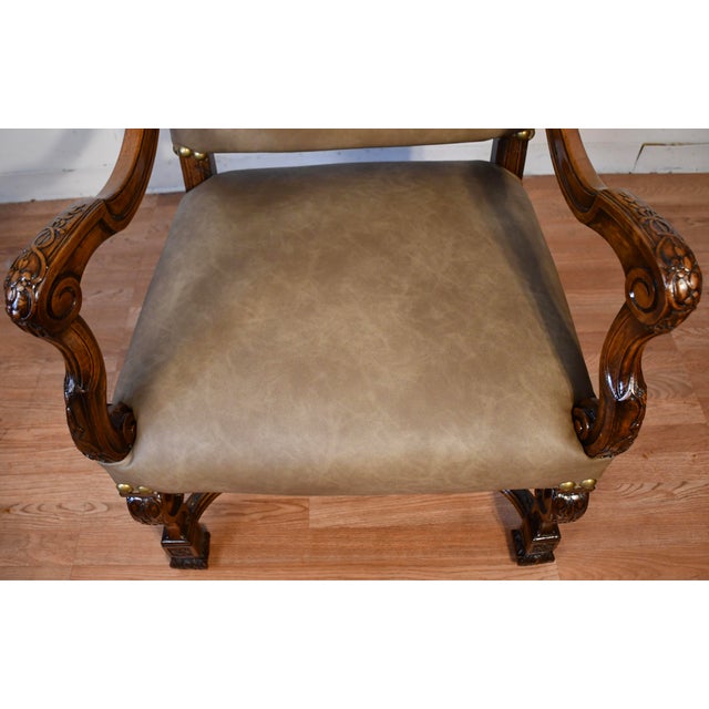 1900 Antique French Carved Walnut Throne Arm Chair / New Leather Upholstery For Sale - Image 4 of 15