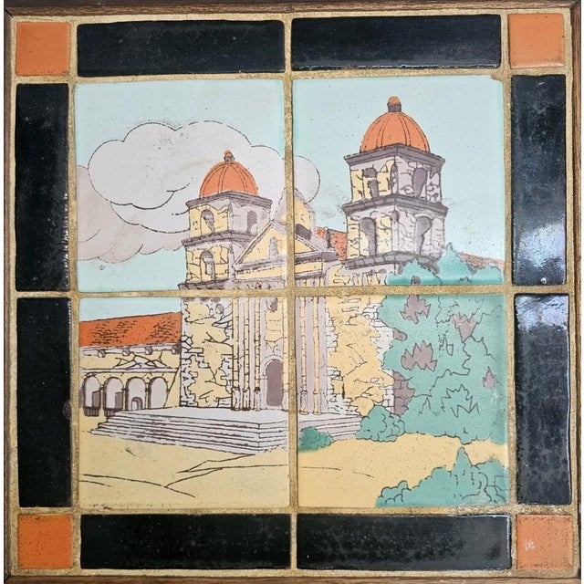 Antique California Spanish Revival Tile-Top Table Featuring the Santa Barbara Mission, Circa 1920s A distinctive piece of...