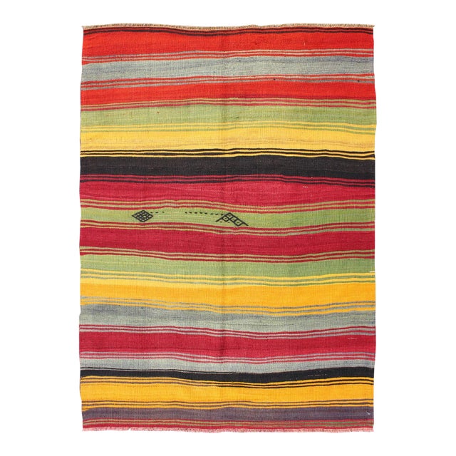 Mid 20th Century Bright & Colorful Vintage Turkish Kilim Rug in Stripes Design With Vivid Colors For Sale