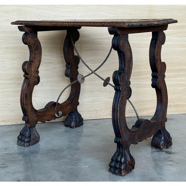 Baroque Side Table of Walnut with Carved Lyre Legs and Top, Spanish, 19th Century For Sale - Image 3 of 18