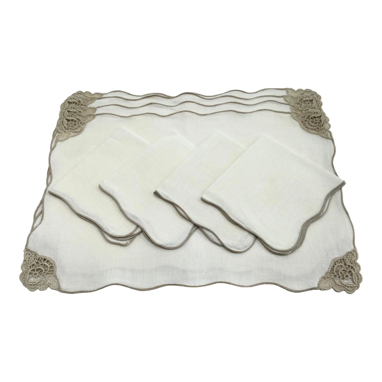 Vintage Ecru and White Linen and Lace Placemats and Napkins, Set/4
