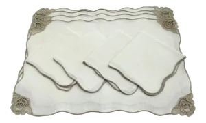 Vintage Ecru and White Linen and Lace Placemats and Napkins, Set/8