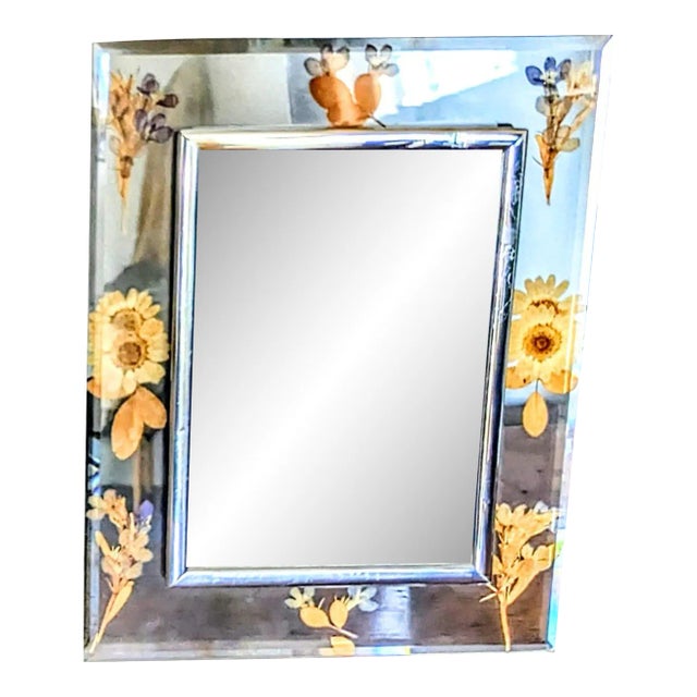90s Pressed Dried Flowers in Beveled Glass Picture Frame For Sale