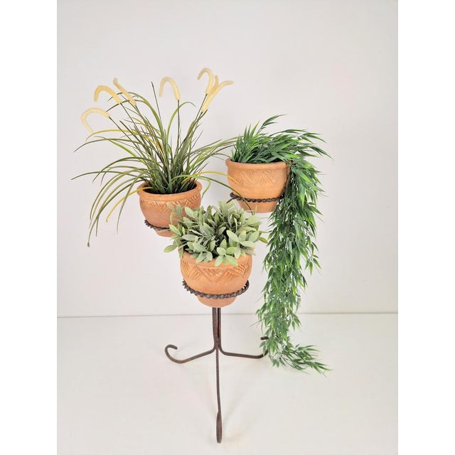 Ceramic Brutalist Wrought Iron Plant Stand with Handmade Terracotta Pots, 1970s, Set of 4 For Sale - Image 7 of 9