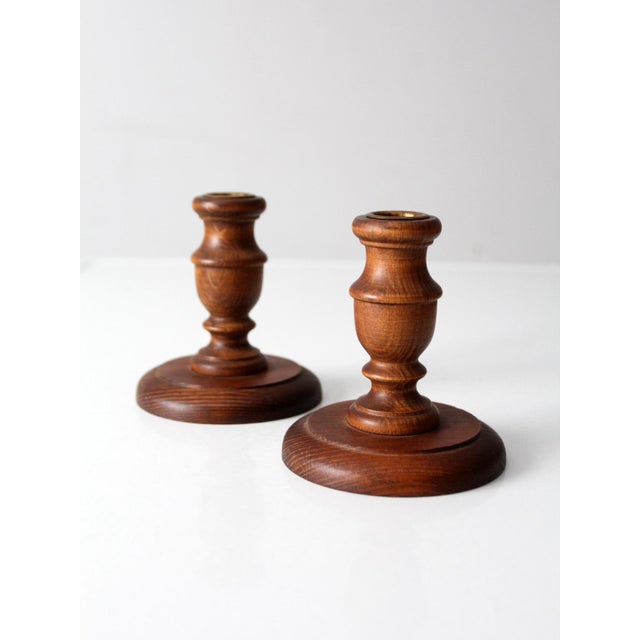 Mid 20th Century Vintage Turned Wood Candlestick Holders Pair For Sale - Image 5 of 8