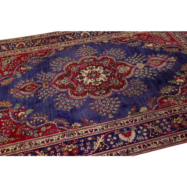 1960s Vintage Persian Tabriz Handmade Medallion Navy Blue Wool Rug For Sale In New York - Image 6 of 7