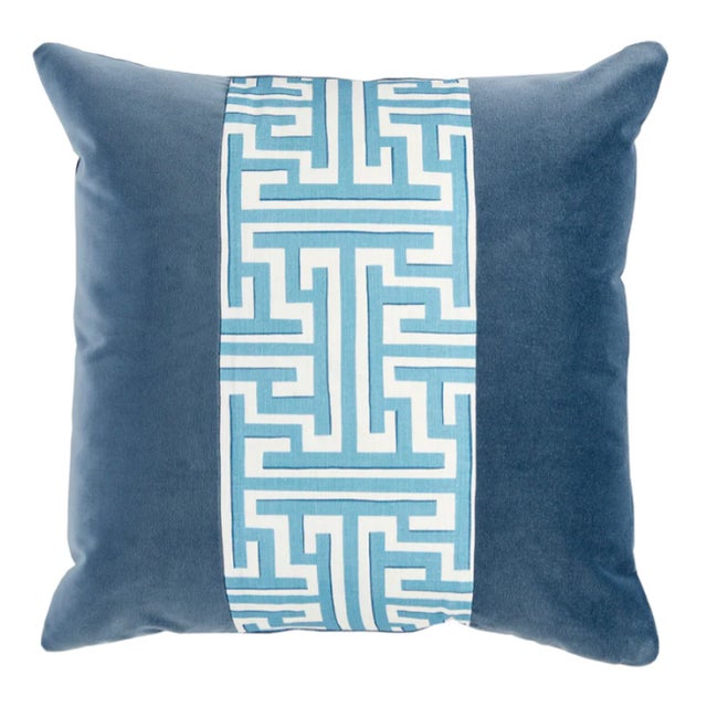 Stunning blue velvet pillows by Lacefield Designs, accentuated by a pretty fretwork stripe down the center. Includes down...