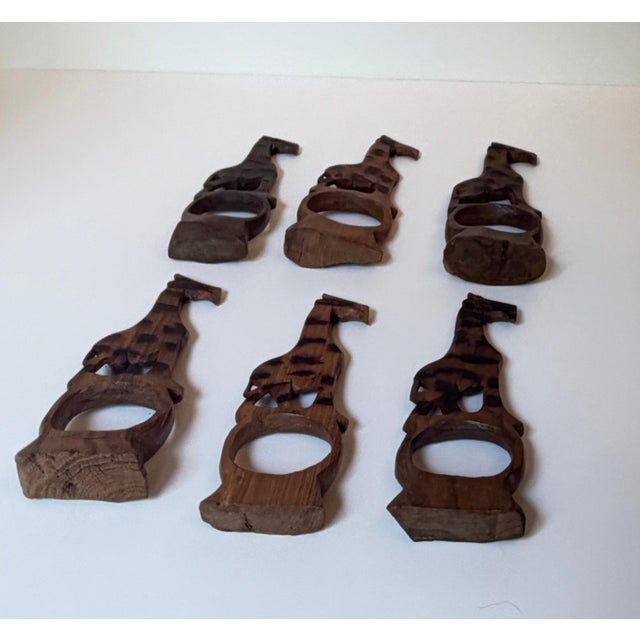 Vintage Hand-Carved Wood Giraffe Napkin Rings, Set of 6 For Sale - Image 4 of 6
