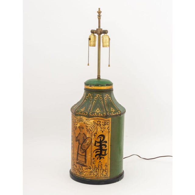 Victorian Chinoiserie Green Painted Toleware Lamp For Sale In New York - Image 6 of 8