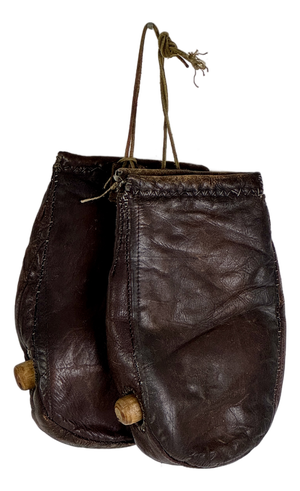 Unique Decorative Vintage Pair of Handmade Boxing Practice Gloves in Leather, Horse Hair, and Wood Sticks