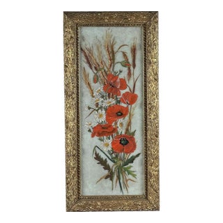Antique 19th Century Floral Oil Painting on Glass Pane in Victorian Faux Bois Gilt Frame For Sale