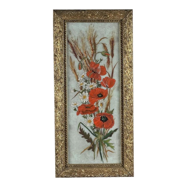 Antique 19th Century Floral Oil Painting on Glass Pane in Victorian Faux Bois Gilt Frame For Sale