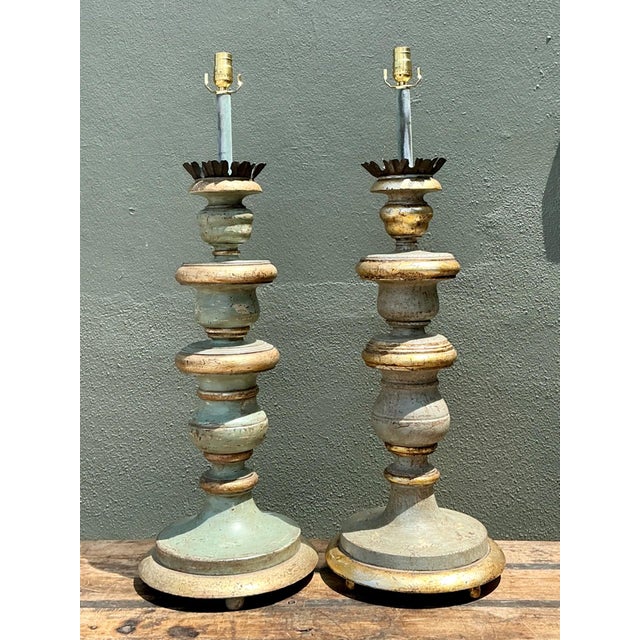 Vintage Italian Gilt Tipped Turned Wood Lamps - Pair For Sale - Image 4 of 17