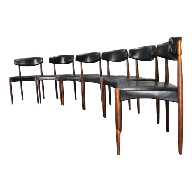 Wood and Black Leatherette Dining Chairs, Denmark, 1960s, Set of 6 For Sale