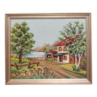Vintage Framed Country Home Needlepoint For Sale