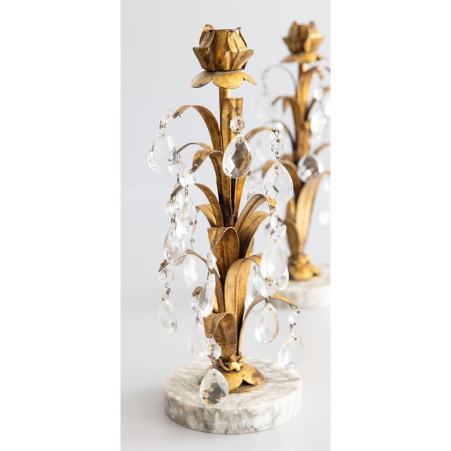 Florentine Vintage Italian Gilt Tole & Crystals Candlesticks - A Pair For Sale - Image 4 of 9
