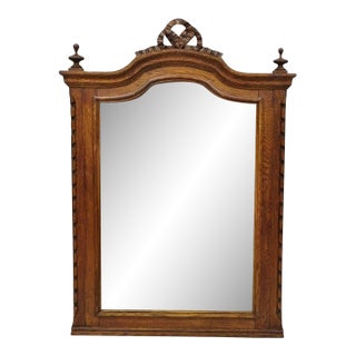 Antique Victorian Carved Oak Wood Ribbon Crest Beveled Glass Wall Mirror For Sale
