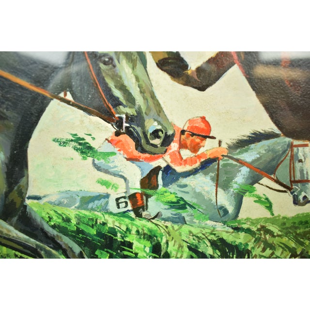 Paint Mid 20th Century Three Steeplechase Jockeys Timber Jumping Acrylic Painting For Sale - Image 7 of 9