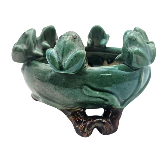 Spanish Vintage Majolica-Style Frog Lily Pad Planter Bowl, 7" Diameter For Sale - Image 3 of 10