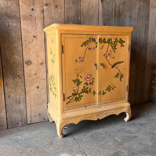 Vintage Painted Cupboard with shelf Yellow base with leaves and bird Decorative detailing on sides, front and top as well...