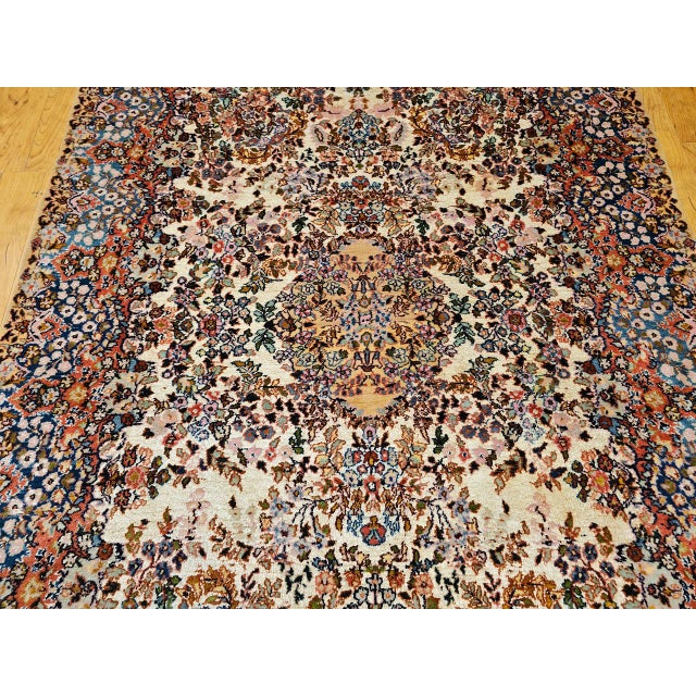 Vintage Persian Kerman Lavar Rug, Hand-Knotted Wool & Silk, Allover Floral Pattern, Ivory & Blue, 4x7 For Sale - Image 11 of 17