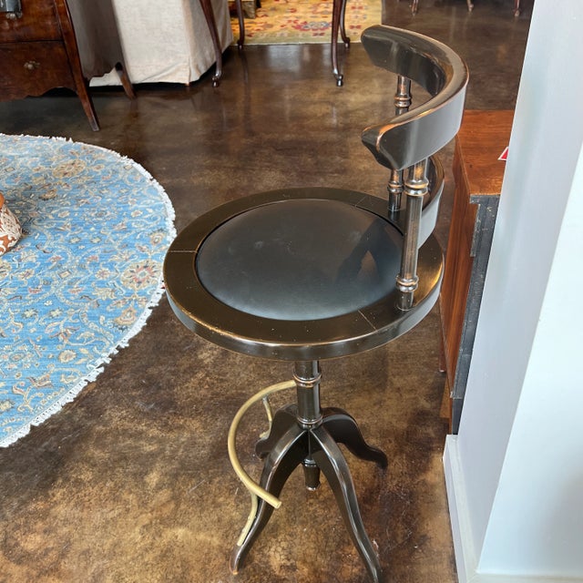 1990s Vintage Italian Black Leather Seat Barstool With Wood and Brass Accent for the Footrest and Low Back For Sale - Image 12 of 13