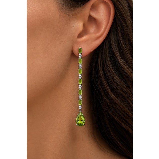 Peridot Long Drop Earrings, Silver, Gold, Pair For Sale - Image 9 of 10