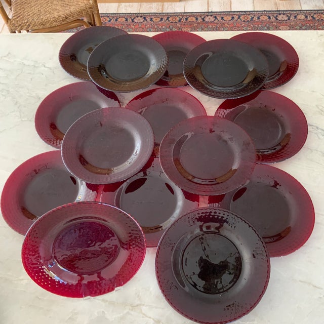 Vintage Textured Pebble Ruby Red Glass Dinner Plates- Set of 15 For Sale - Image 9 of 12
