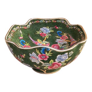 Vintage Chinoiserie Floral Porcelain Bowl | Dark Green Famille Rose Style Decorative Bowl For Sale