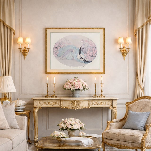 Print after Louis Icart titled La Belle Rose, depicting a reclining female figure in a blue gown surrounded by pink roses,...