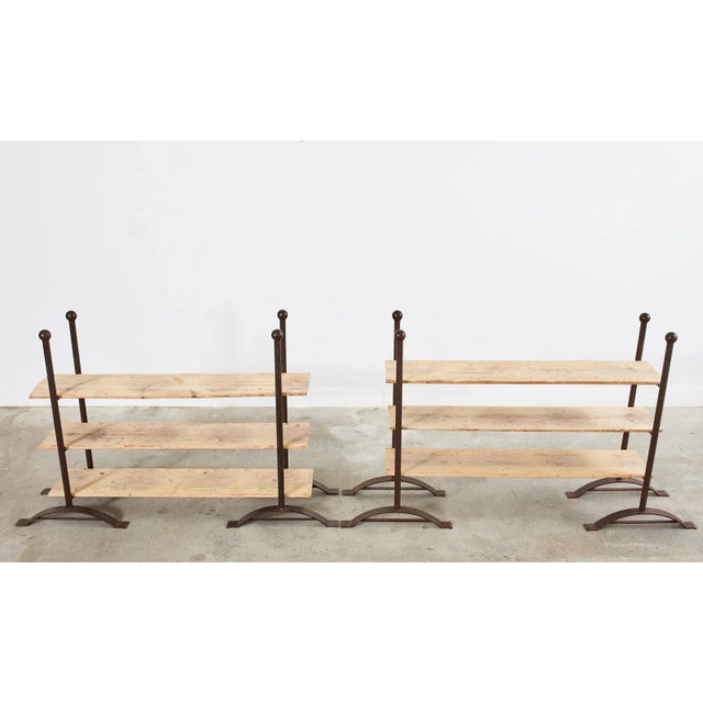 Coffee Pair of Patinated Iron and Pine Bakers Rack or Bookshelves For Sale - Image 8 of 13