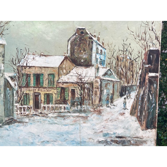 Textile Original Oil Painting on Canvas 'Lapin Agile in Snow', Montmartre Paris Cabaret, Early-Mid 20th Century, Signed For Sale - Image 7 of 13